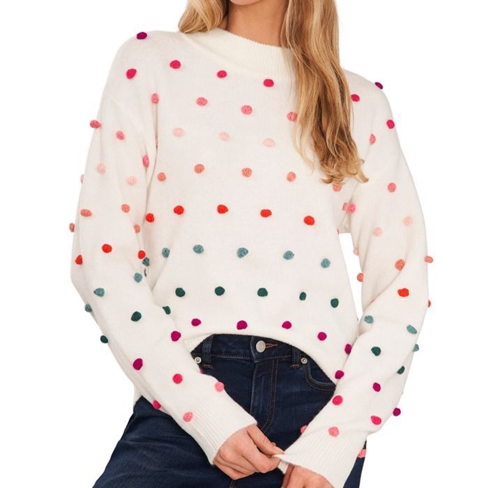 NWOT CeCe Rainbow Pompom Mock Neck Sweater